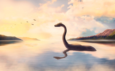 The Loch ness monster looks at the birds at sunset. © lubomira08