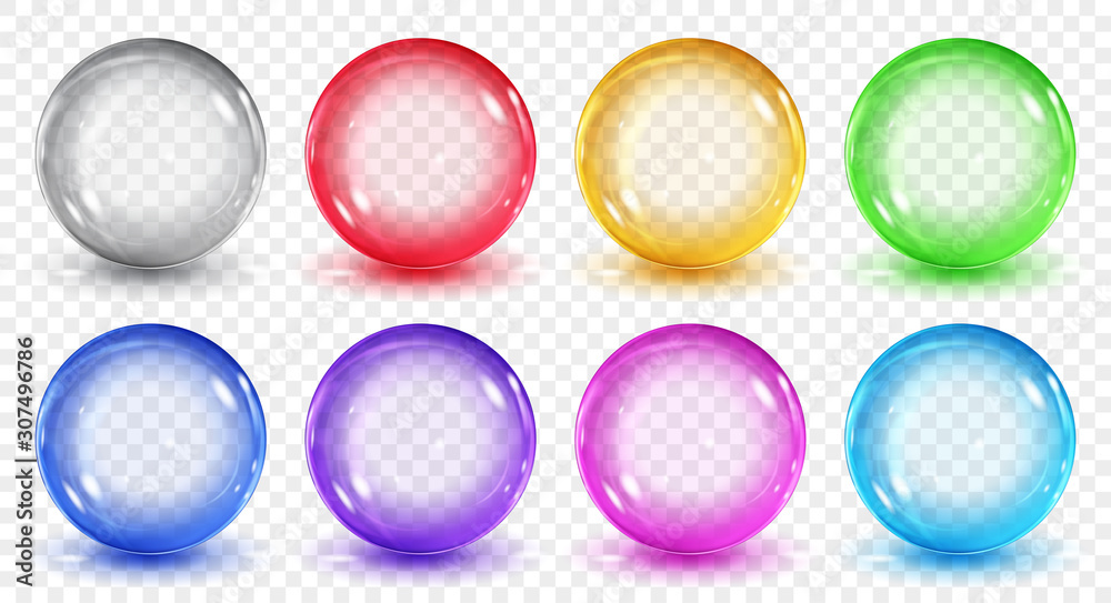 Wall mural set of translucent colored spheres with shadows on transparent background. transparency only in vect
