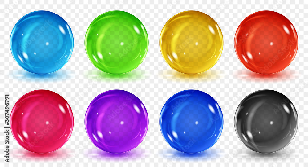 Wall mural set of translucent colored spheres with shadows on transparent background. transparency only in vect