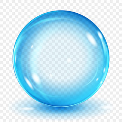 Big translucent light blue sphere with glares and shadow on transparent background. Transparency only in vector format - obrazy, fototapety, plakaty