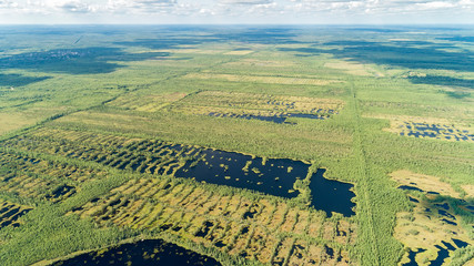Aerial view on Round forest lake. bog or bogland is wetland that accumulates peat, deposit of dead...