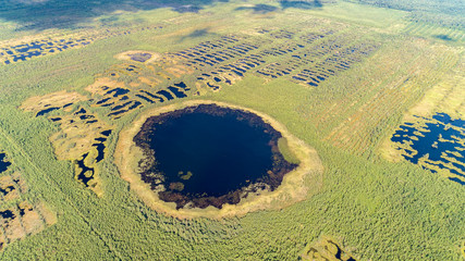 Aerial view on Round forest lake. bog or bogland is wetland that accumulates peat, deposit of dead...