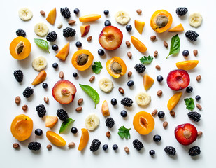 Delicious fruit and berry background. Sliced ​​banana, apricot halves, nuts, blackberries and grapes on a white background.