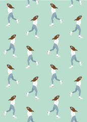 Vector seamless pattern of flat cartoon woman girl riding ice skates isolated on mint background