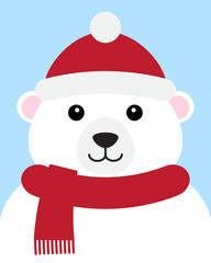 Vector flat cartoon polar bear face in hat and scarf portrait isolated on blue background