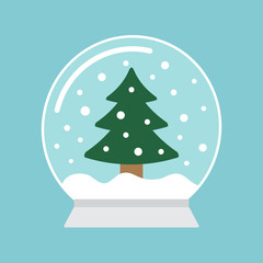 Vector flat cartoon snowball with Christmas fur tree isolated on blue background