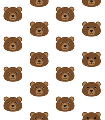 Vector seamless pattern of flat cartoon bear grizzly face isolated on white background
