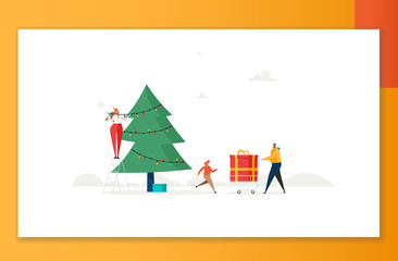 Obraz na płótnie Canvas Merry Christmas, The New Year, Happy Holidays concept. Family with children decorate Christmas tree and prepare gift boxes outdoors. Vector illustration in cartoon design