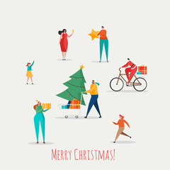 Merry Christmas, The New Year, Happy Holidays concept for greeting cards. Family with children decorate Christmas tree and prepare gift boxes outdoors. Vector illustration in cartoon design