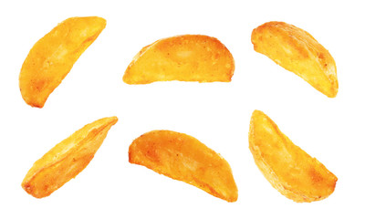 Set of fried potato slices on a white background