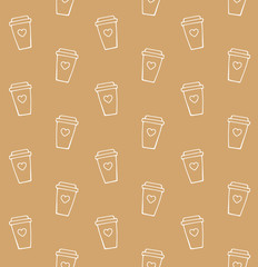 Vector seamless pattern of hand drawn doodle sketch colored take away coffee isolated on craft background