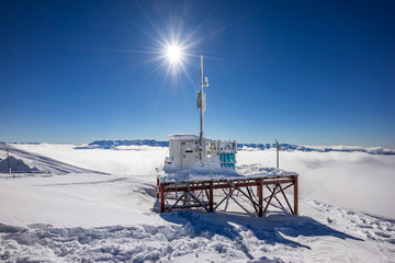 Meteorological autonomous mini station for study and determination of weather in winter period on top of mountain on winter resort of Rosa Khutor