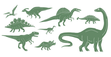 Vector set bundle of green hand drawn doodle sketch dinosaurs isolated on white background