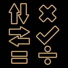 up , dows ,left ,right arrow neon icon.Accept and Decline neon icon.Equal and Division sign neon. Elements of web set. Simple icon for websites, web design, mobile app, info graphics