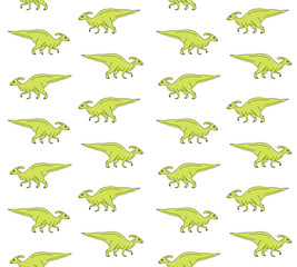 Vector seamless pattern of green hand drawn doodle sketch parasaurolophus dinosaur isolated on white background