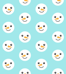 Vector seamless pattern of flat cartoon snowman face isolated on blue background