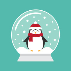 Vector flat cartoon snowball with penguin isolated on mint background