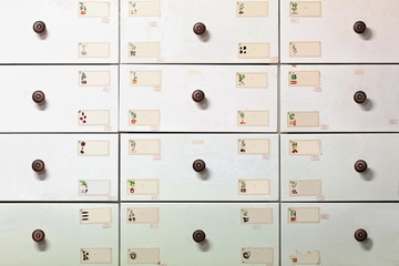 White drawer wall of a Chinese pharmacy. Ruoqiang Charkhlik town-Xinjiang-China-0417