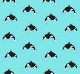 Vector seamless pattern of hand drawn doodle sketch killer whale isolated on mint background