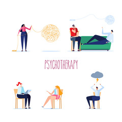 Psychological set. Psychotherapy session, psychological consultation and abstract problems concept. Woman psychologist advises patient on chair. Vector illustration in cartoon design