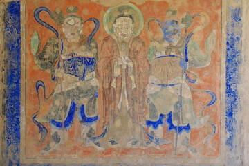 Fototapeta na wymiar The Buddha betwen Vaisravana and Virudhaka Heavenly Kings. Mogao caves-Dunhuang-Gansu-China-0646