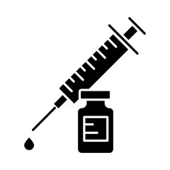 Fototapeta premium Vaccination glyph icon. Syringe with vial. Common cold prevention. Immunization shot. Healthcare. Medication and pharmacy. Silhouette symbol. Negative space. Vector isolated illustration