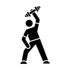 Exercise glyph icon. Man workout. Gym activity. Athlete with dumbell. Bodybuilding. Healthcare. Physical wellness. Person stretching. Silhouette symbol. Negative space. Vector isolated illustration