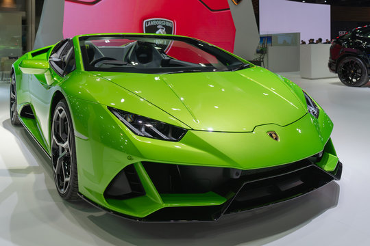 Bangkok, Thailand - November 28, 2019 : Lamborgini Huracan supercar at in the big event car show on display at Motor Expo 36th 2019 at Impact Exhibition Center, Muang Thong Thani, Thailand