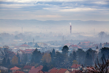 Fog, smog and smoke in Air pollution - Valjevo, West Serbia, Europe - obrazy, fototapety, plakaty