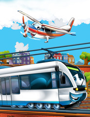 Obraz na płótnie Canvas Cartoon funny looking train on the train station near the city and flying plane - illustration for children