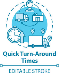 Quick turn around times concept icon. Delivery service. Freight transportation. Logistics. Transport of goods idea thin line illustration. Vector isolated outline drawing. Editable stroke