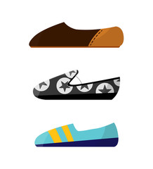 Set with different types of trend womens shoes. Color decorative design. Use for advertising shoe store or website. Flat vector illustration