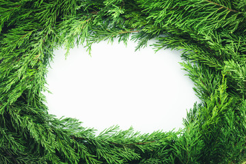 Circle frame with pine tree branches isolated on white background. Christmas and New year decoration.