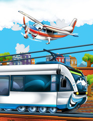 Cartoon funny looking train on the train station near the city and flying plane - illustration for children