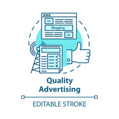 Quality advertising concept icon. Commercial promotion. Successful propaganda. Advertisement marketing. Giving publicity idea thin line illustration. Vector isolated outline drawing. Editable stroke