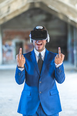 Business Man Wearing Virtual Reality Glasses and Giving Middle Finger.