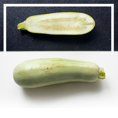 Creative layout of a whole and sliced zucchini on a black and white background with space for text. Vegetables isolated. View from above