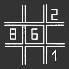 Sudoku puzzle chalk icon. Number-placement game. Mental exercise. Ingenuity, knowledge, intelligence test. Brain teaser. Problem solving. Solution finding. Isolated vector chalkboard illustration