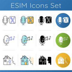 Remote control system icons set. Virtual assistance tools. Microphones, speaker. Speech recognition. Smart home technology, food order. Linear, black and color styles. Isolated vector illustrations