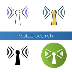 Radio signal icons set. Wireless connection idea. Sound waves, audio broadcasting. Hardware, equipment, technology. Coverage area. Linear, black and color styles. Isolated vector illustrations