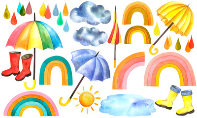 Watercolor set of umbrellas, rainbow, puddle, sun, drops, cloud and rubber boots on an isolated white background, watercolor illustration.