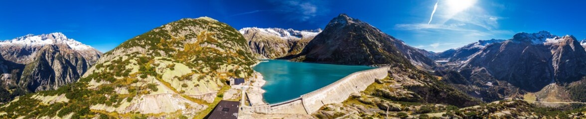 Aerial view of Gelmer Lake near by the Grimselpass in Swiss Alps, Gelmersee, Switzerland