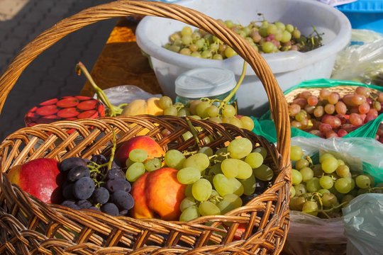 Baskets of ripe fruit on harvest day