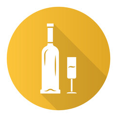 Open bottle and glass of champagne yellow flat design long shadow glyph icon. Sparkling wine. Aperitif, alcohol beverage, drink. Glassware, winery, wineglass. Vector silhouette illustration
