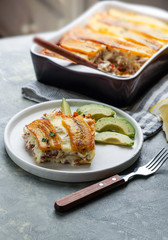 Plantain Lasagna (Pastelon) Puerto Rican tipical food, and Dominican Repubic