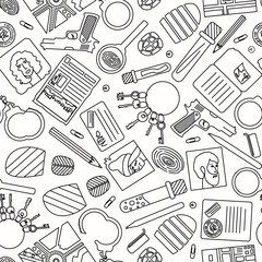 Detective pattern for print design. Vector seamless pattern. Black white. Security concept. Crime investigation concept. Illustration on white backdrop.