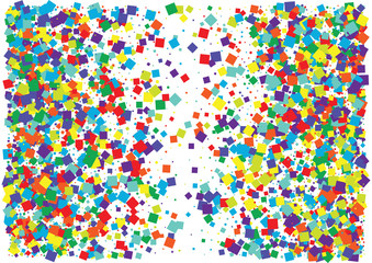 Festive color square confetti background. Abstract frame confetti texture for holiday, postcard, poster, website, carnival, birthday, children's parties. Cover confetti mock-up. Wedding card layout