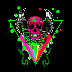 Styled skull with wings hipster tattoo colorful vector clip art on vape theme, t-shirt print, vector illustration isolated on black background with colorful logotype.
