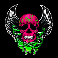 Styled skull with wings hipster tattoo colorful vector clip art on vape theme, t-shirt print, vector illustration isolated on black background with colorful logotype.