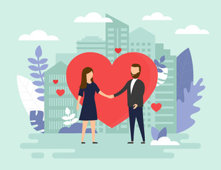 Young loving couple holding hands in the city park with big red heart and skyscrapers on background. Flat style. Vector illustration